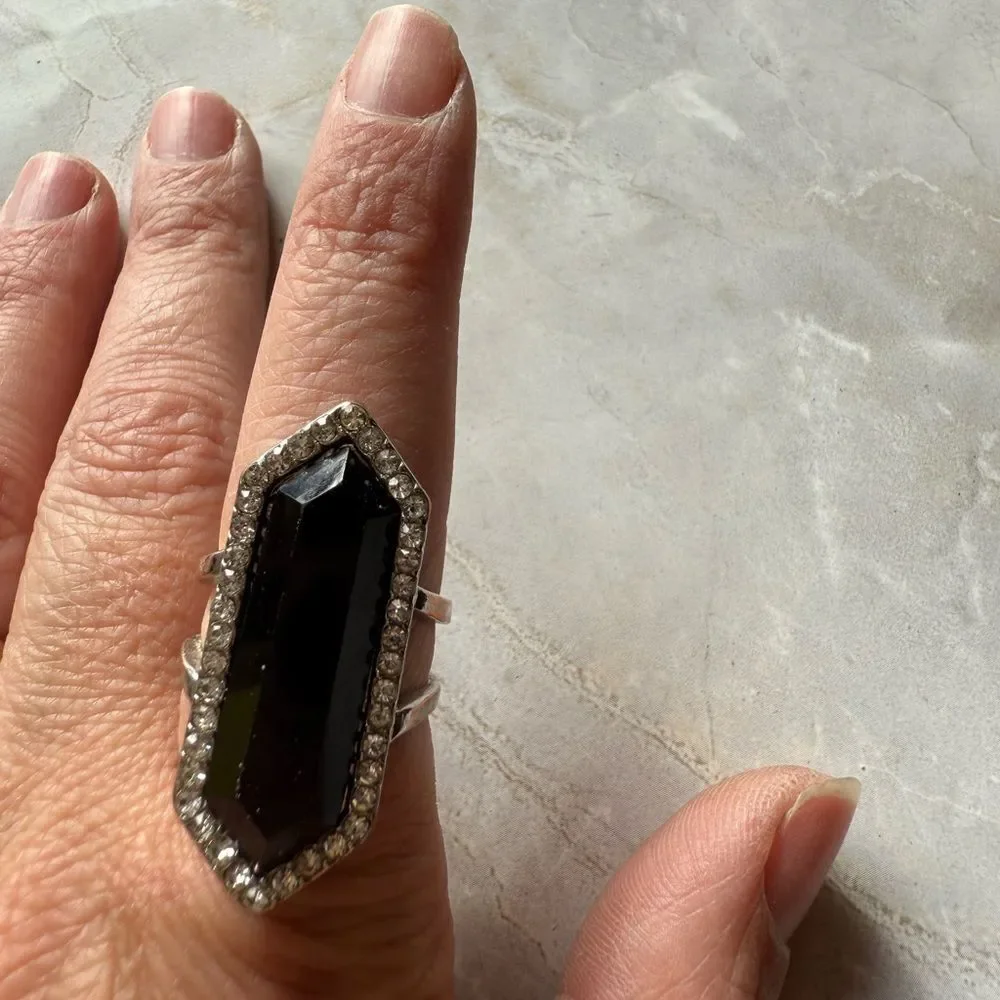 Vintage Style Black Hexagon Cocktail Ring w/ Rhinestones Silver Tone
